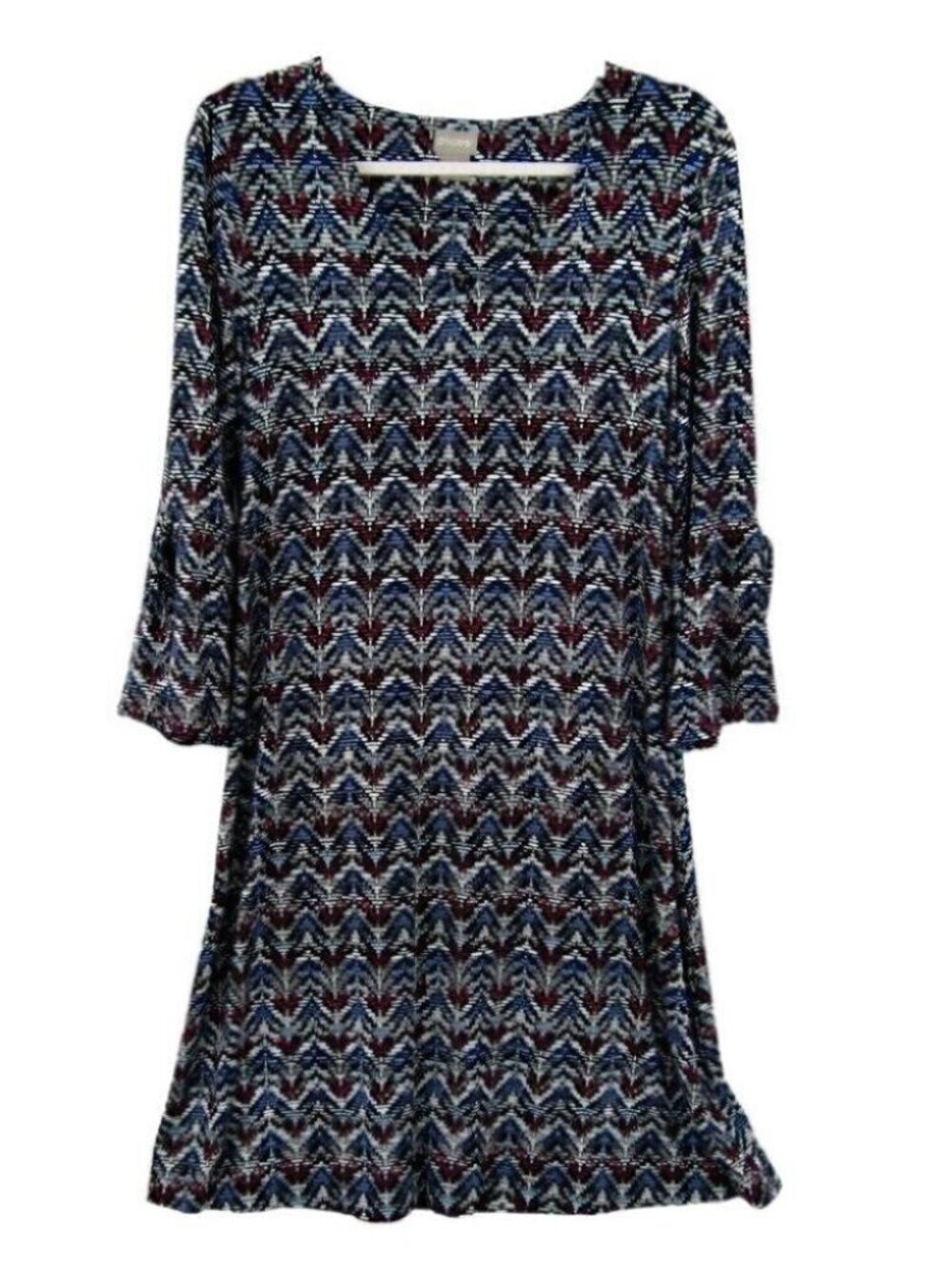 Chicos Black Blue Pink Zig Zag Dress Size M 1 Split Bell Sleeve Knee Length